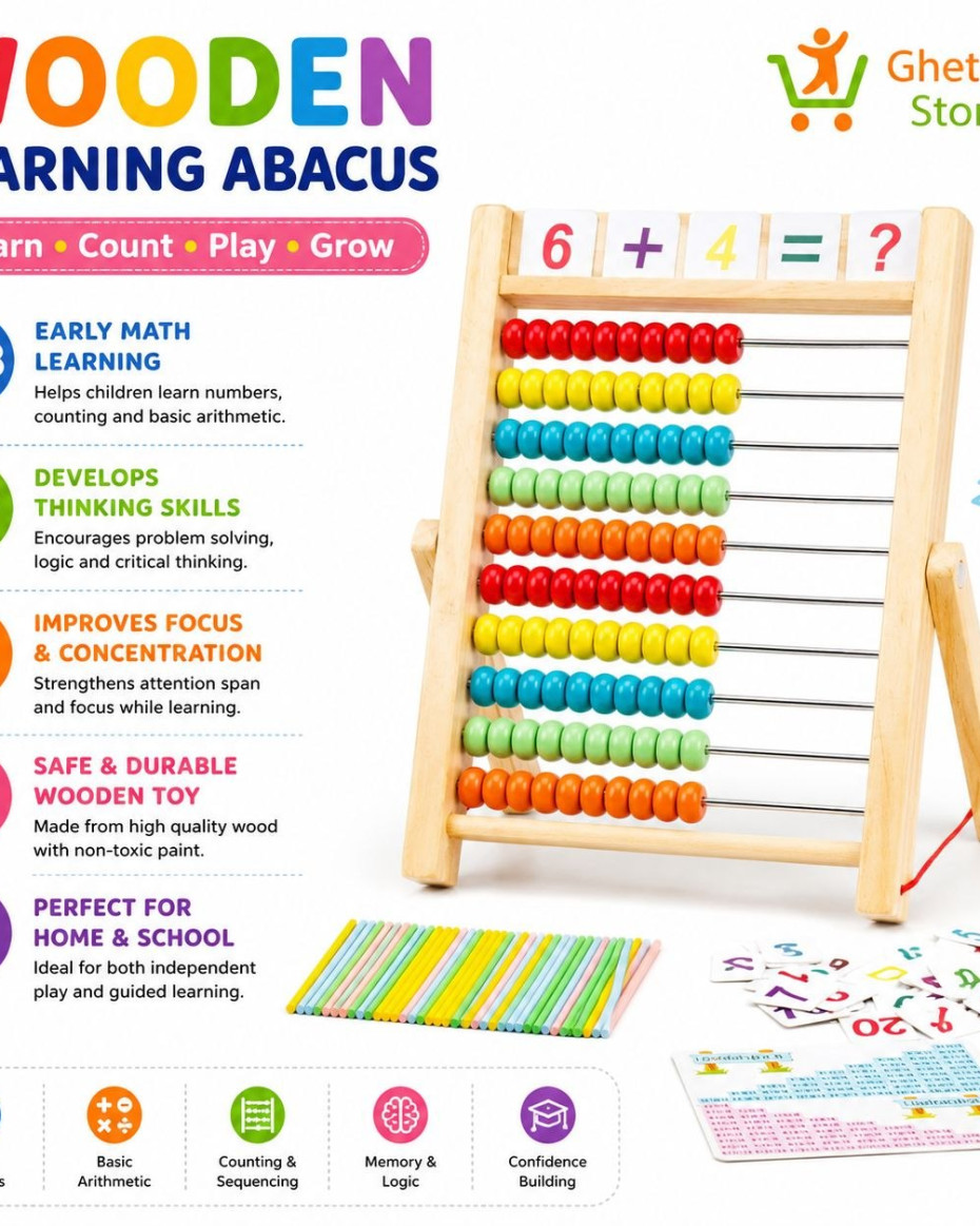 Wooden Educational Abacus with Math Cards & Counting Sticks