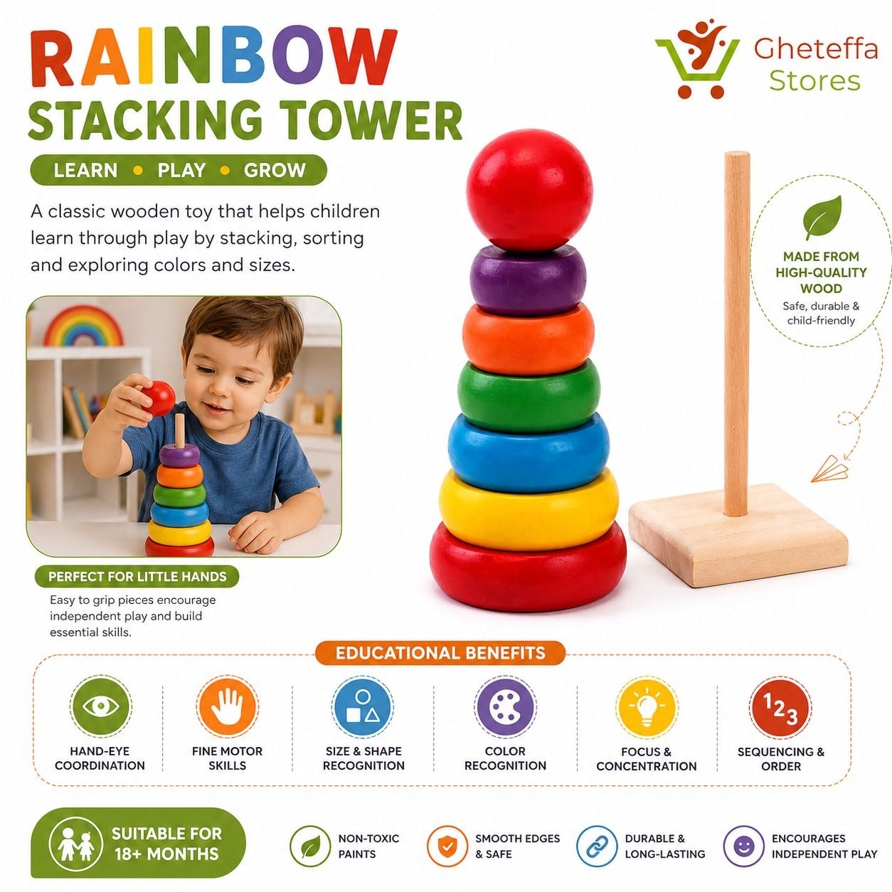 Wooden Rainbow Stacking Tower Toy - Image 4