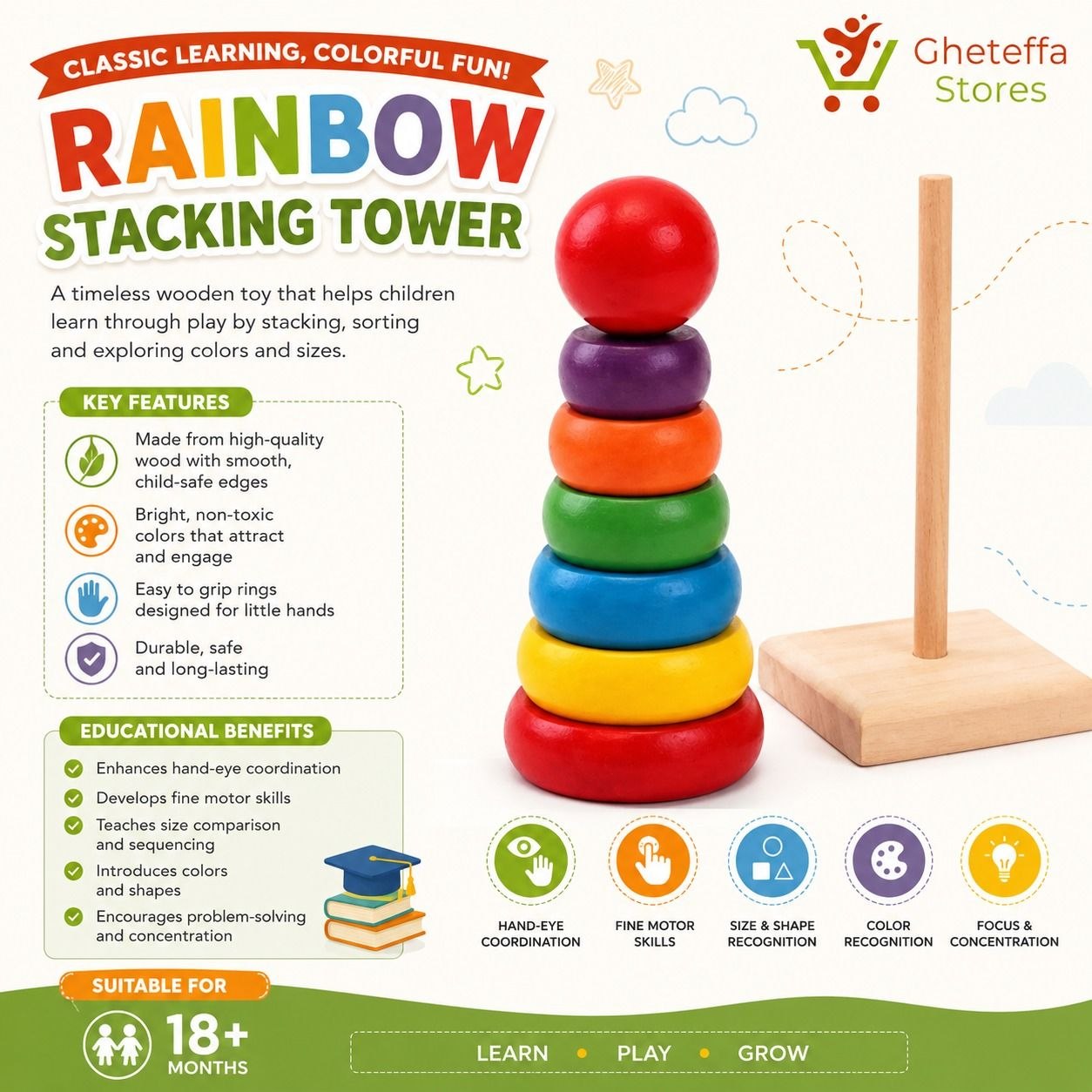 Wooden Rainbow Stacking Tower Toy - Image 3