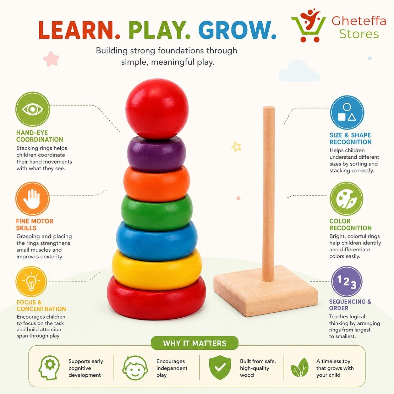 Wooden Rainbow Stacking Tower Toy - Image 6
